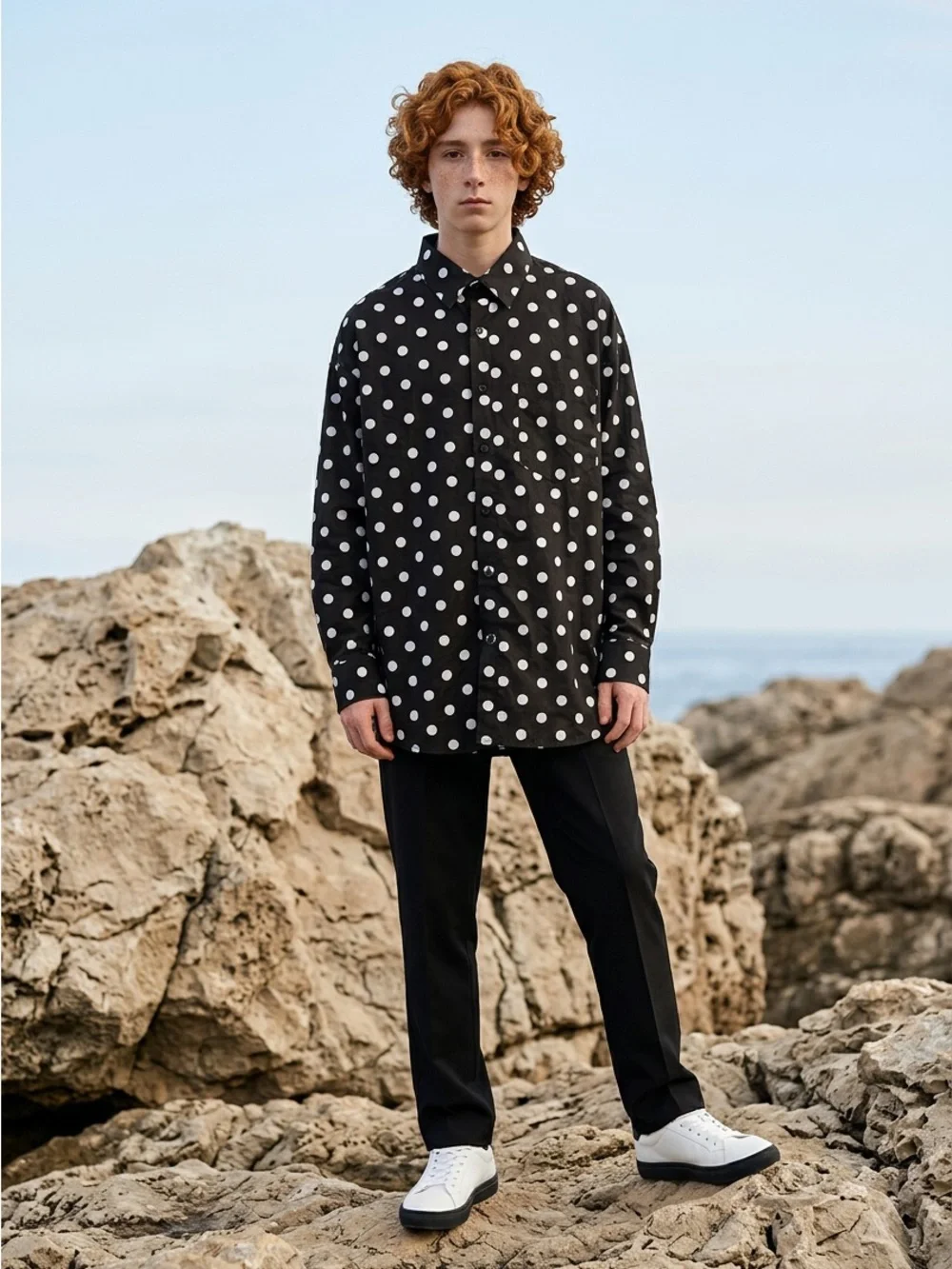 🚘 new 🆕 Men's Black Polka Dot Button-Up Shirt - Classic Style size 18-18.5 34-35